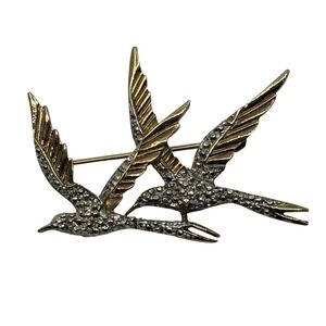 Michele Lynn Vintage Two Tone Rhinestone Double Swallow Bird Brooch Pin
